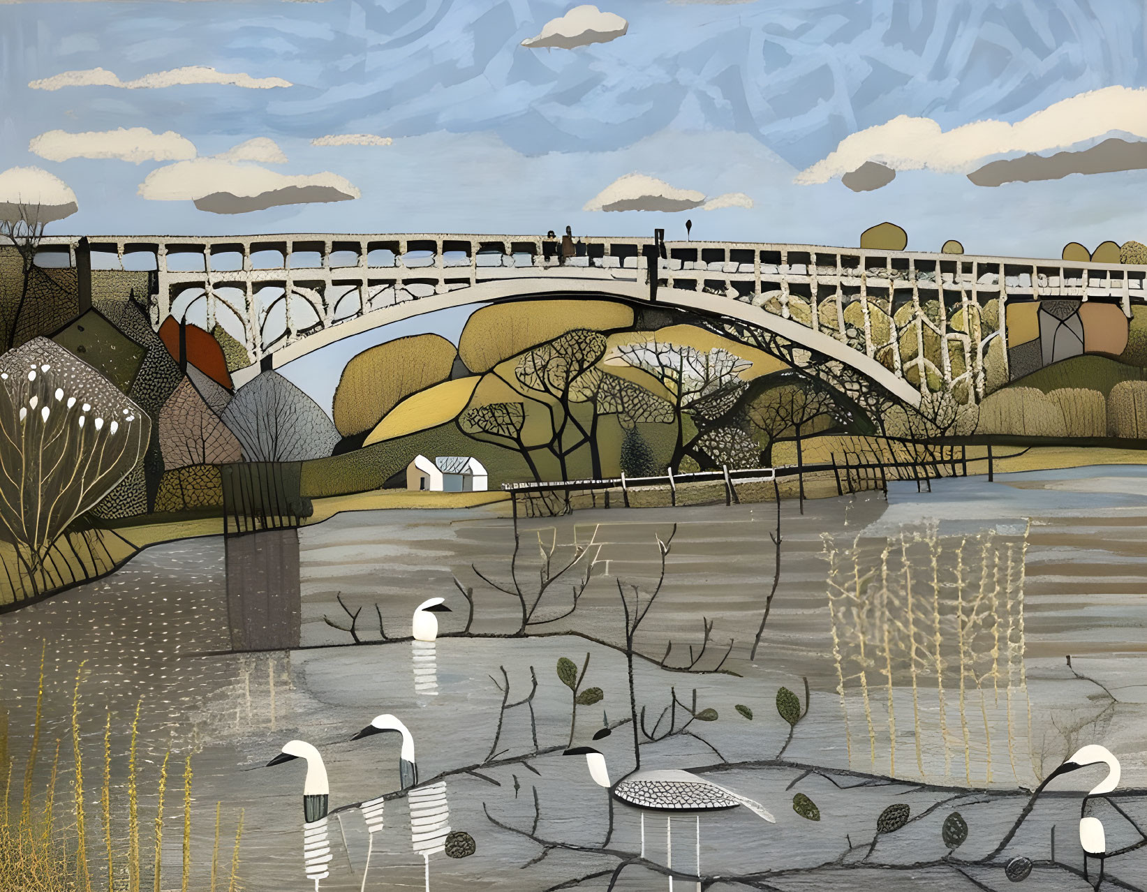 Stylized image of bridge over water with swans, trees, people, hills, and cloudy