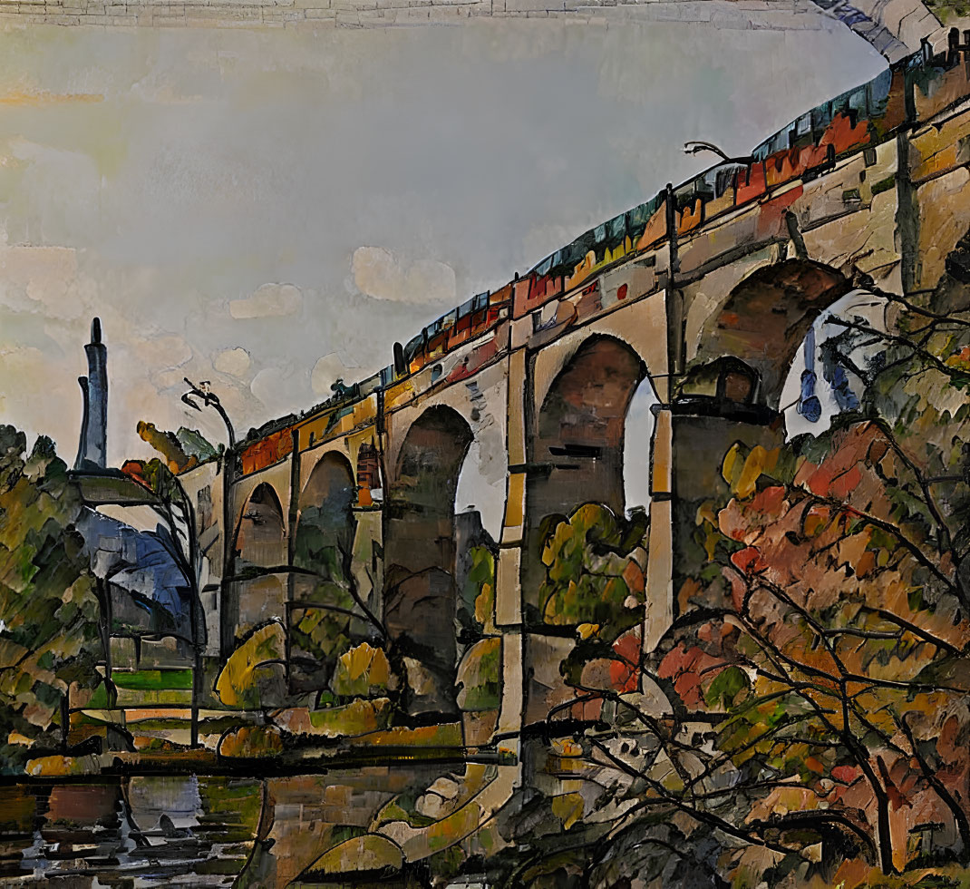 Colorful painting: Train on stone bridge over river with trees & statue in background