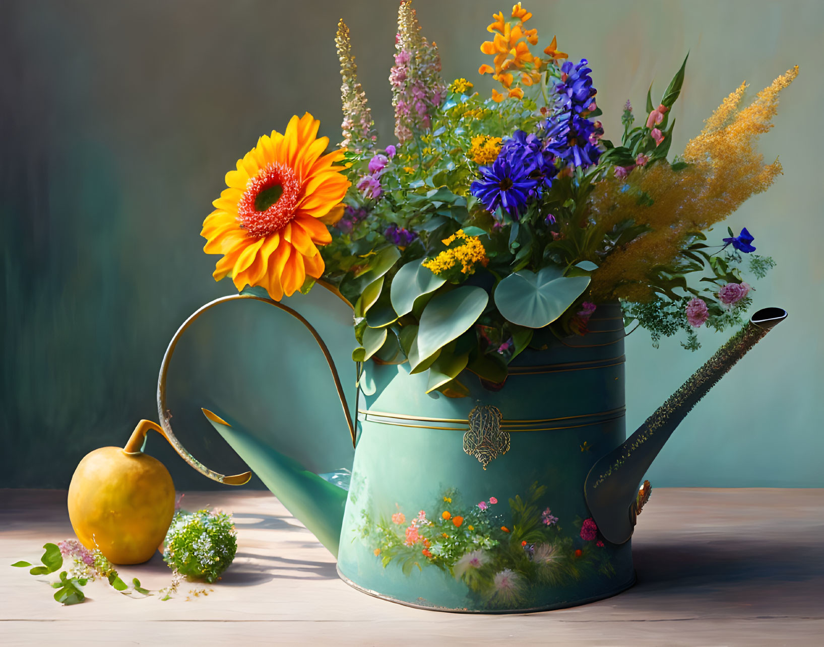 Colorful bouquet of flowers in vintage green watering can with yellow gourd on wooden surface