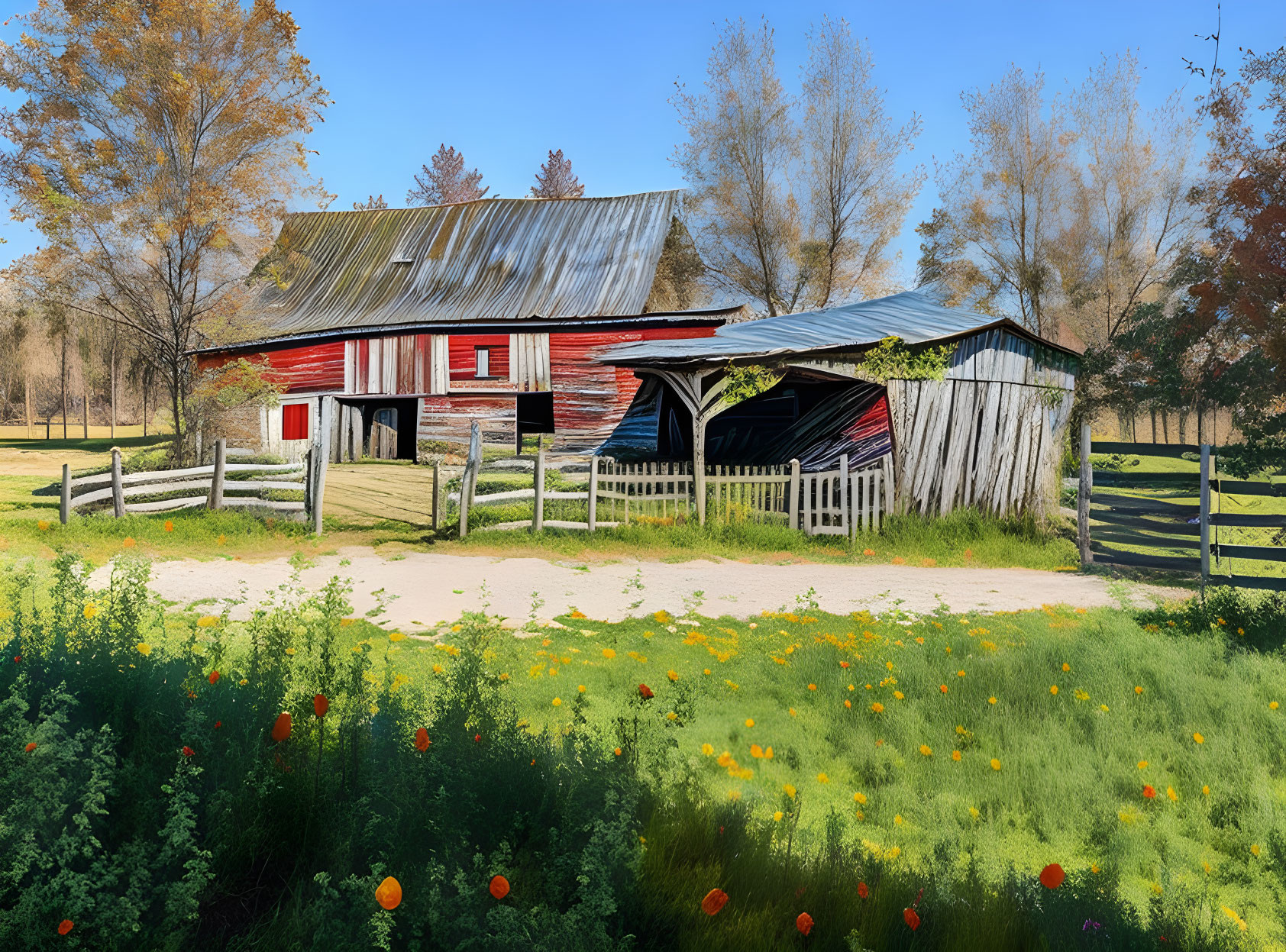 Rustic red barn with tin roof and shed in greenery under blue sky