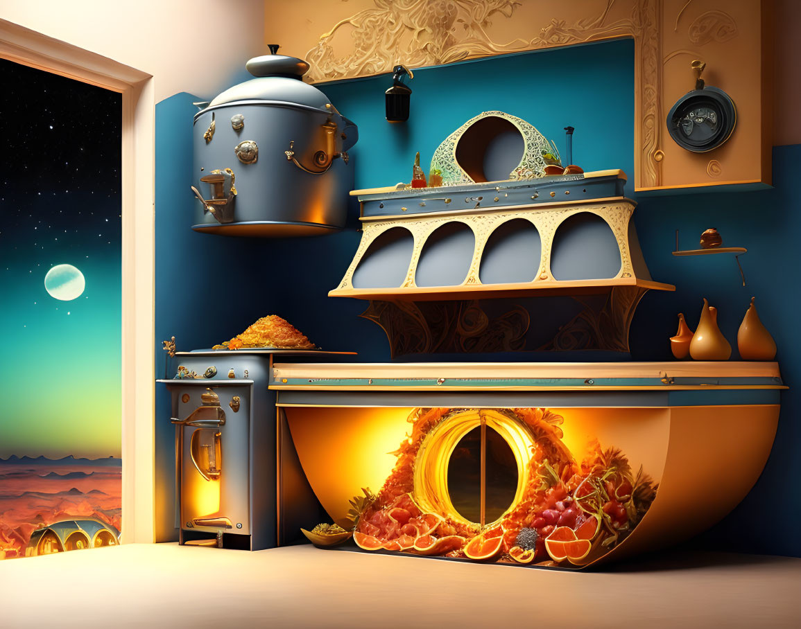 Surreal desert-themed kitchen with fiery oven and spaceship teapot