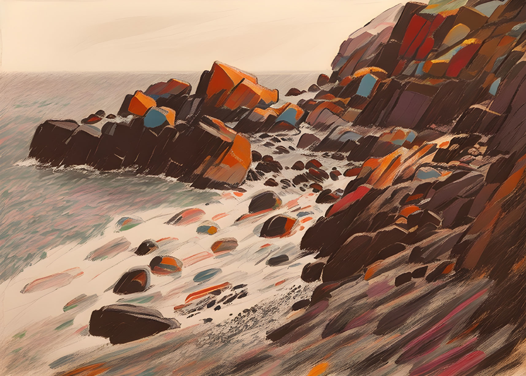 Vibrant painting of rocky shore with colorful rocks and gentle sea