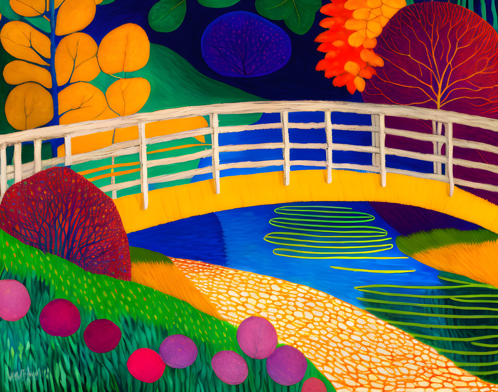 Colorful painting: Yellow bridge over blue river with whimsical trees