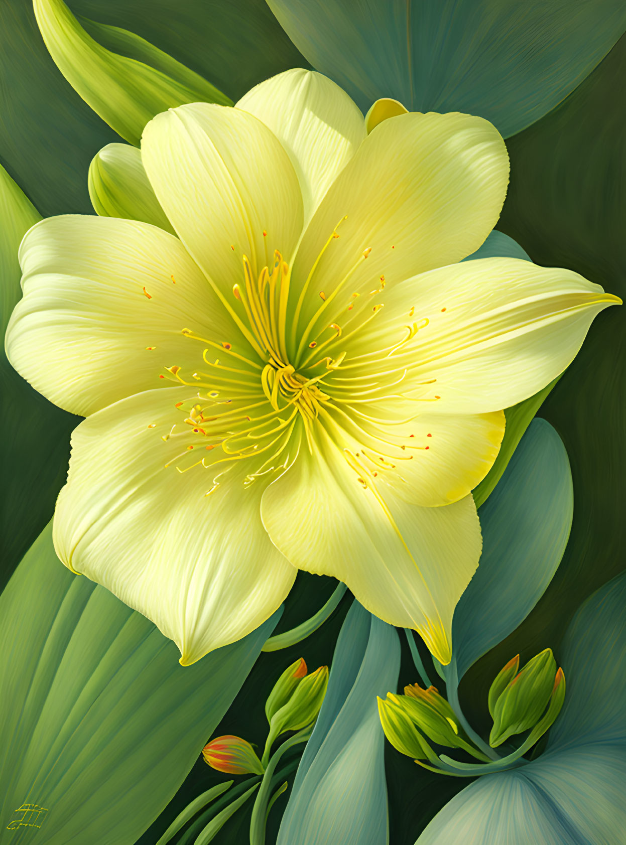 Detailed digital painting of vibrant yellow flower in full bloom