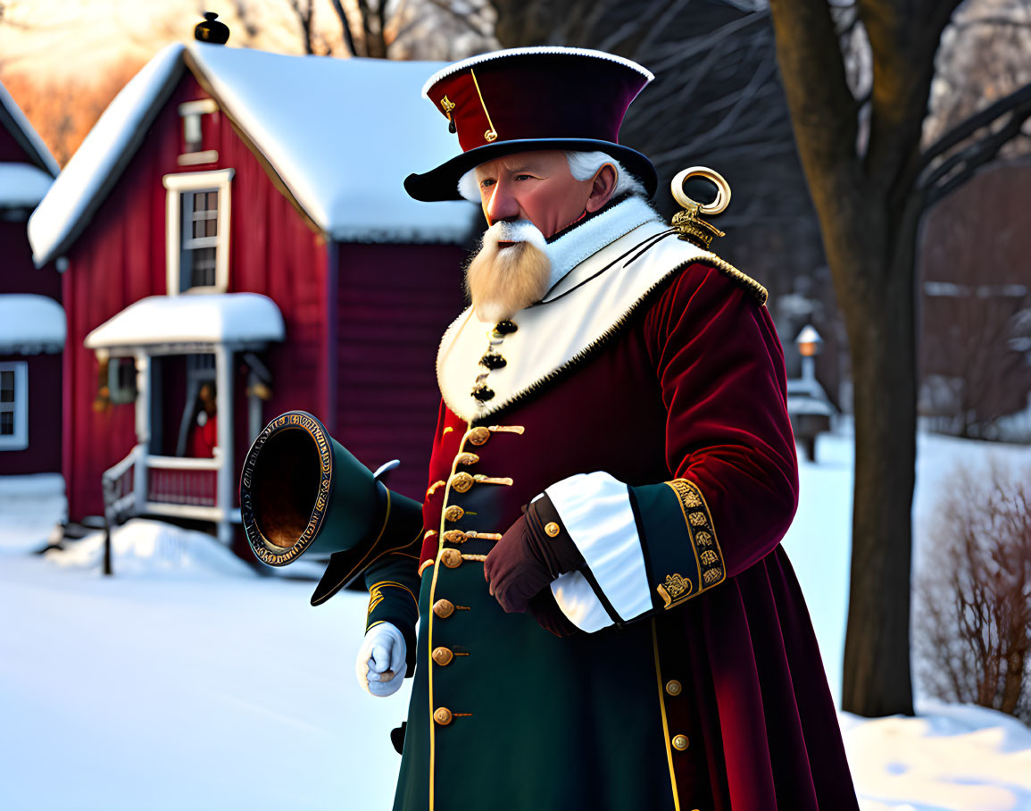 Ceremonial man in red and green uniform holding a top hat by snow-covered house