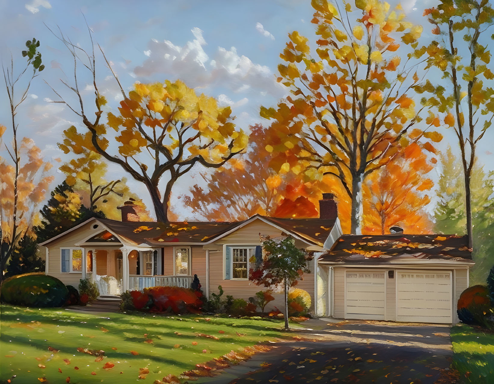 Suburban house with double garage in autumn setting