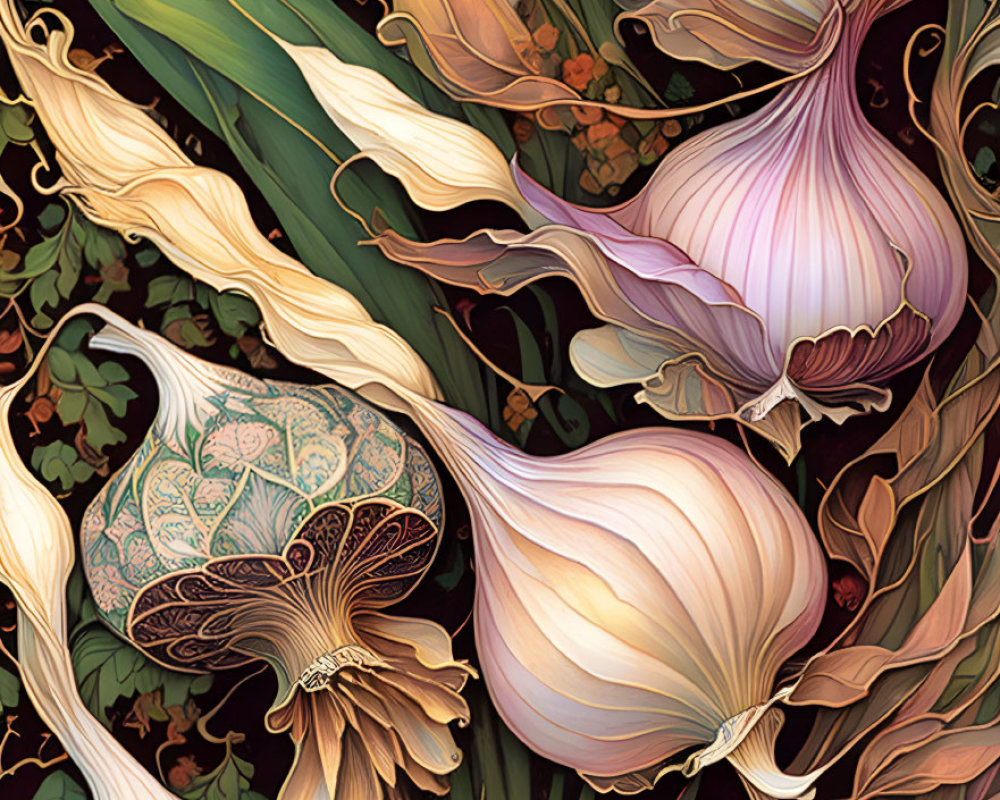 Detailed illustration of garlic bulbs with intricate husks and stems in rich warm tones.