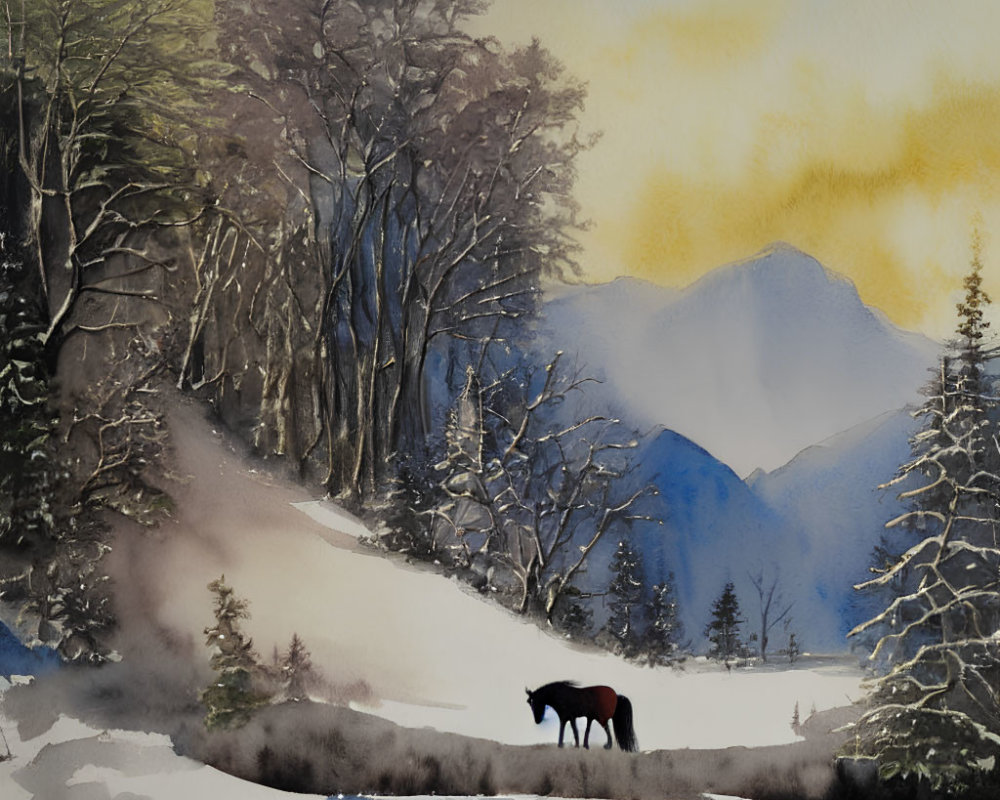 Solitary horse in snowy winter landscape with stream and mountains