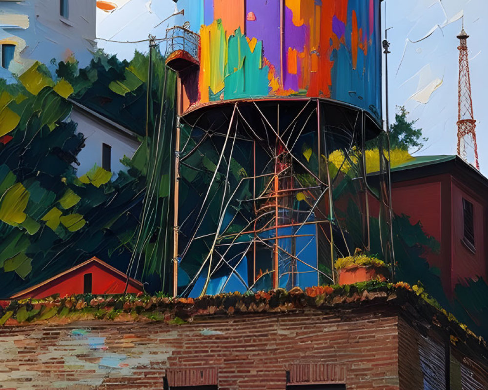 Colorful water tower illustration on brick building with lush greenery and blue sky.