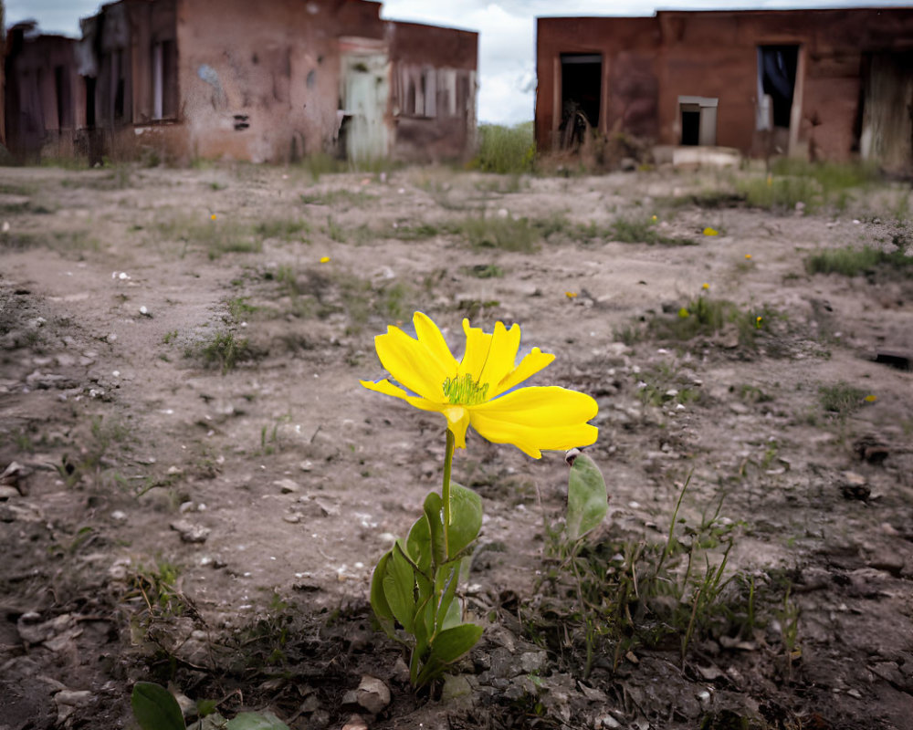 Yellow Flower Blooms in Abandoned Landscape with Crumbling Buildings