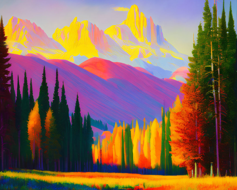 Colorful Mountain Landscape with Pine Forest and Meadow