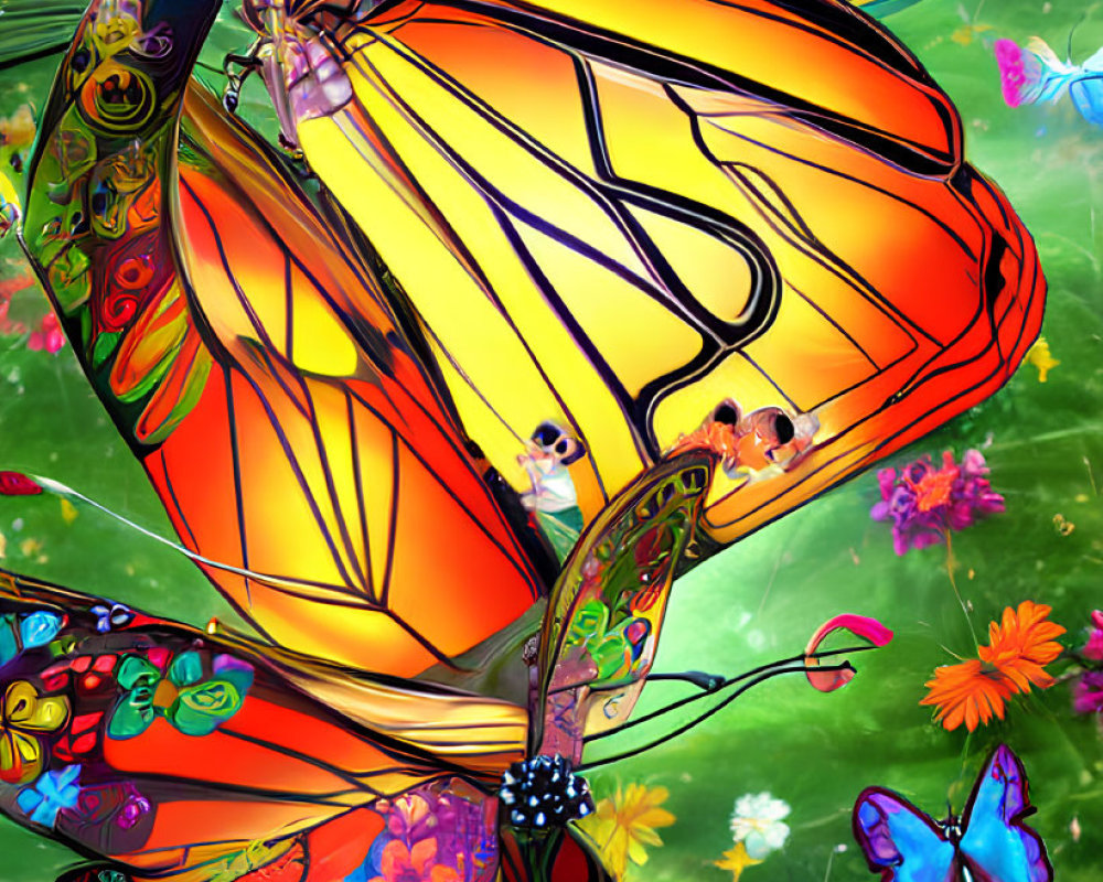 Colorful butterflies with intricate wing patterns among vibrant flowers on green background