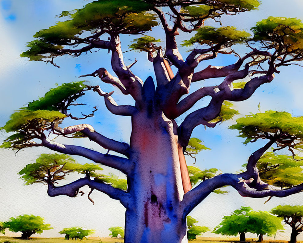 Colorful watercolor painting of a baobab tree against blue sky