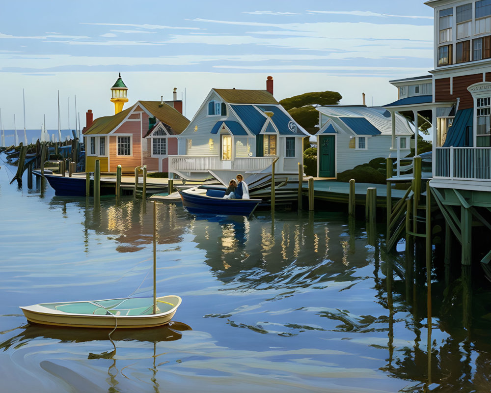 Tranquil marina scene with colorful houses, moored boats, and person rowing.