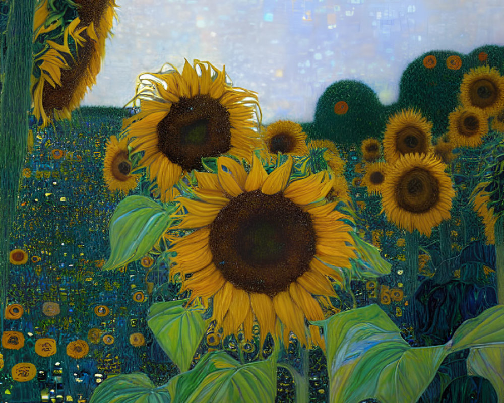 Colorful sunflowers painting with textured brushstrokes on blue background