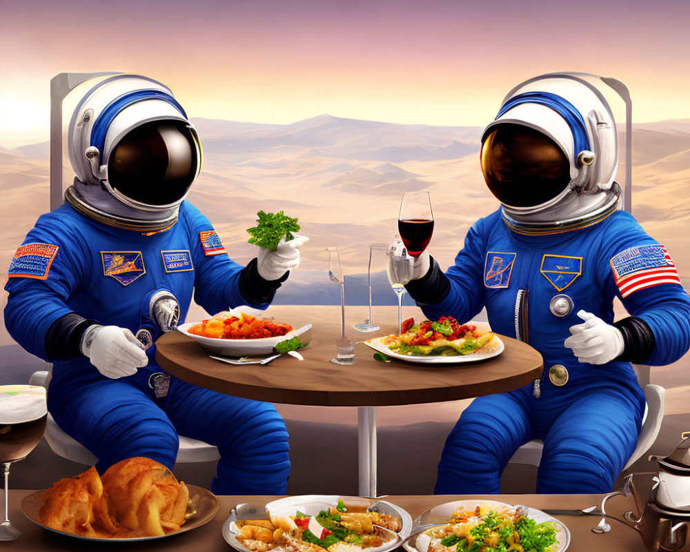 Astronauts dining on Mars with scenic landscape view