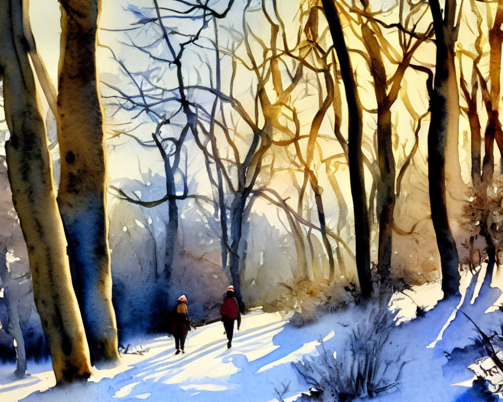 Snowy forest scene: Two people walking under warm sunlight