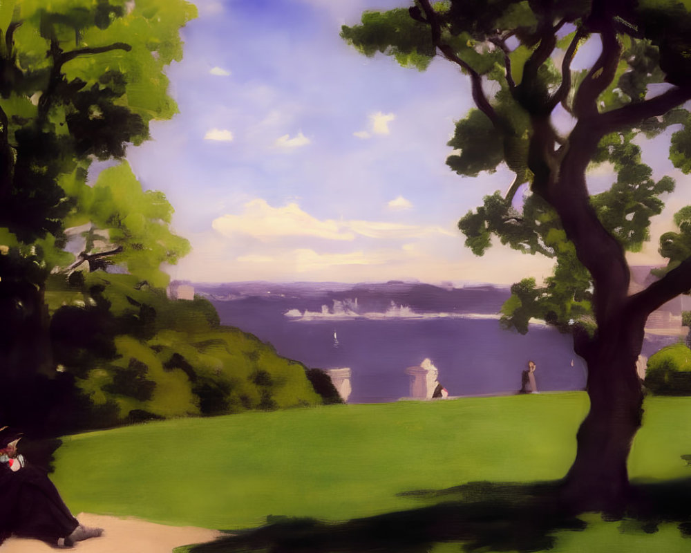 Tranquil landscape with lush green park, figures, serene water, and fluffy clouds