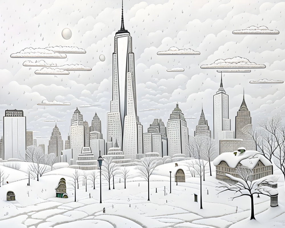 Snow-covered cityscape with iconic buildings in black and white.