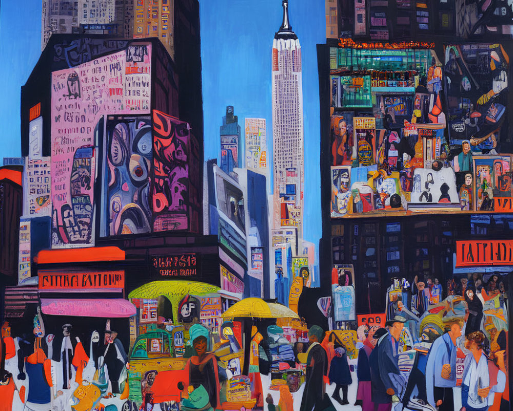 Vibrant cityscape illustration with pedestrians, vendors, vehicles, and skyscrapers under a blue