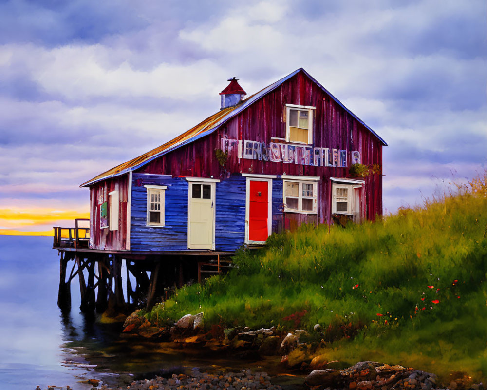 Vibrant seaside stilt house at sunset with cloudy skies.