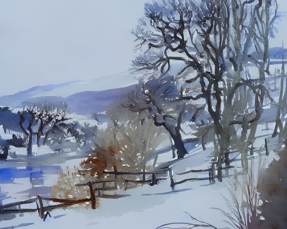 Winter Watercolor Painting of Bare Trees, Wooden Fence, and Snow-covered Ground