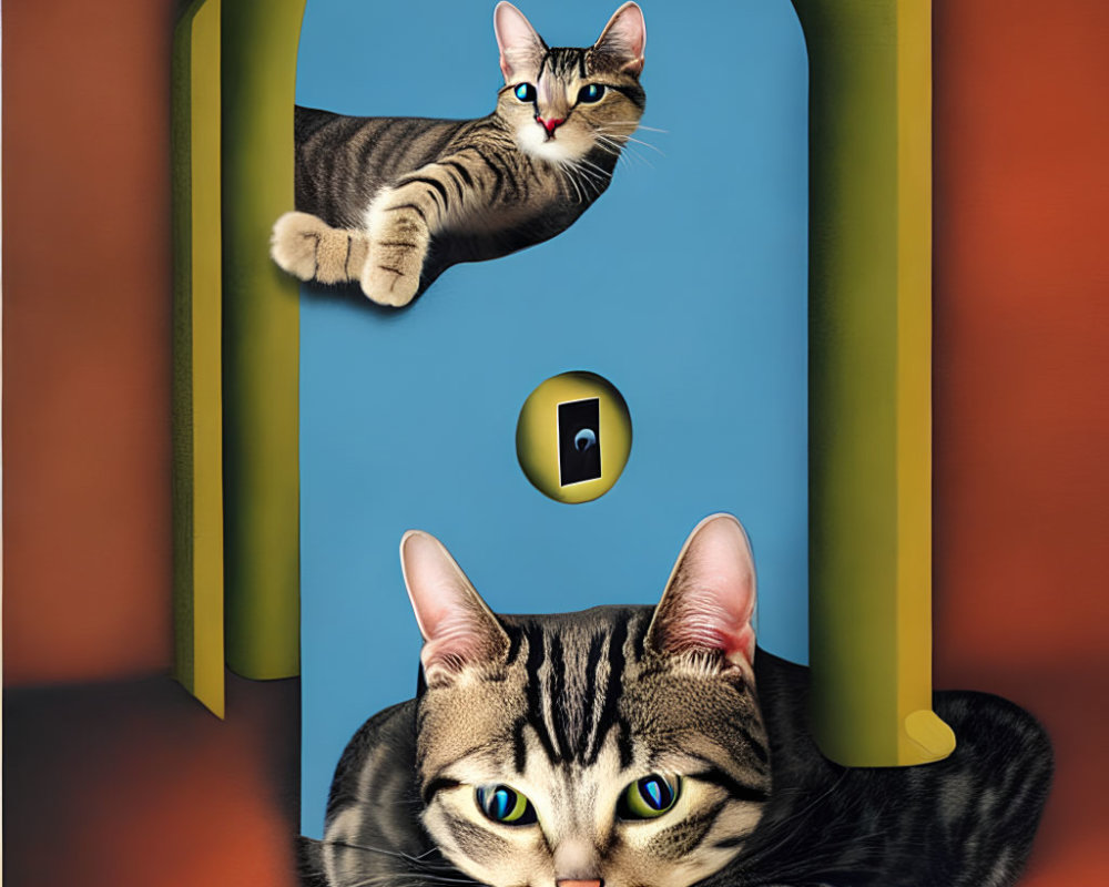 Two cats framed through keyhole shape: one lying, one peeking.