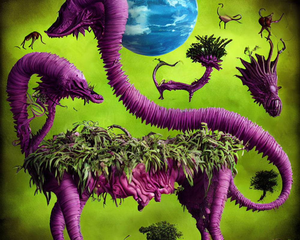 Purple Serpentine Creatures in Surreal Artwork with Foliage and Blue Planet