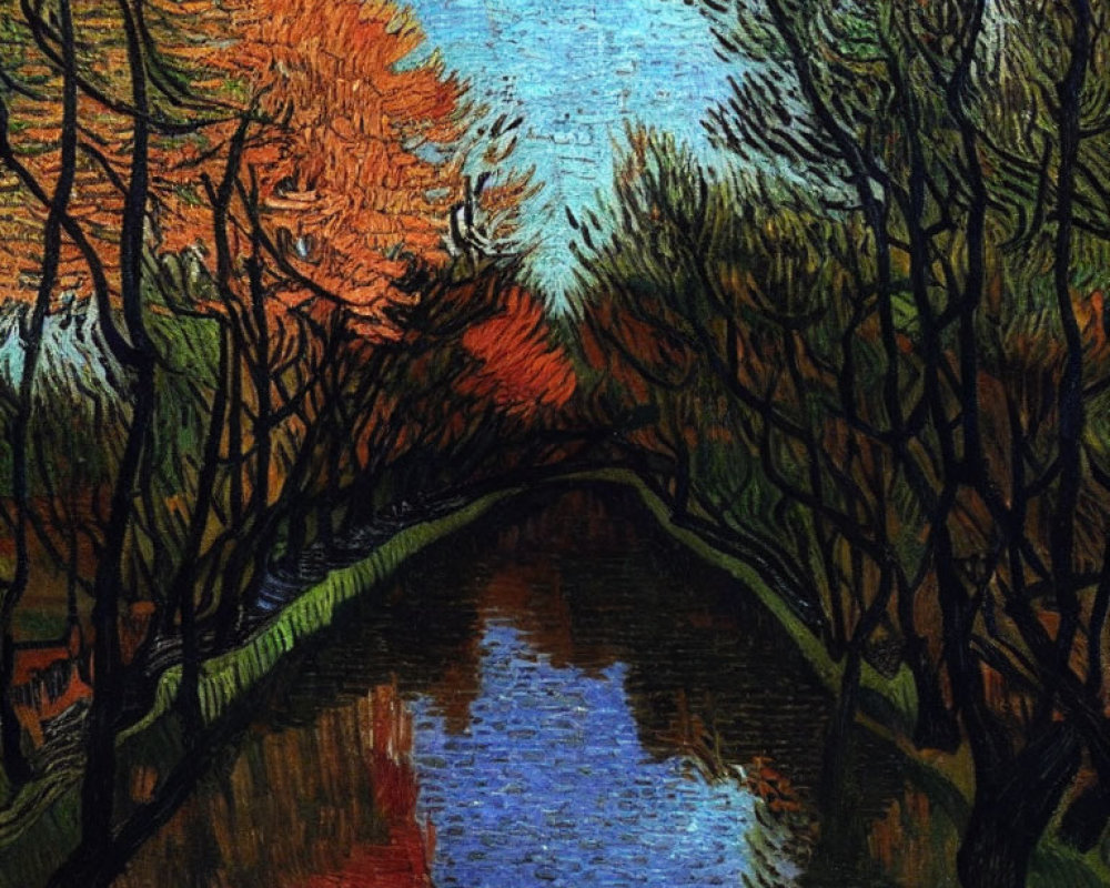 Impressionistic painting of tree-lined path over reflective waterway