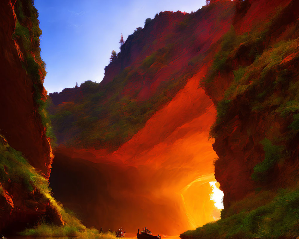 Sunlit Red Cliffs Frame Boats on Serene River