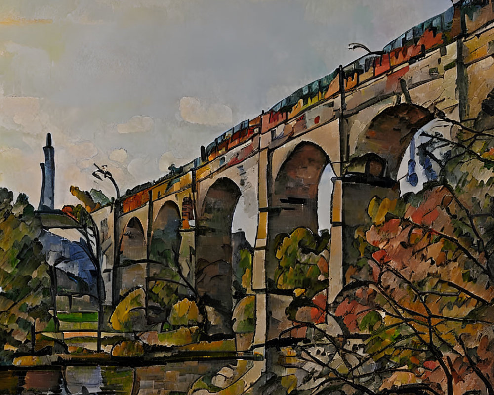 Colorful painting: Train on stone bridge over river with trees & statue in background