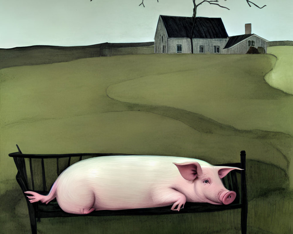 Illustrated pig on bench in surreal rural landscape with winding path and farmhouse under somber sky