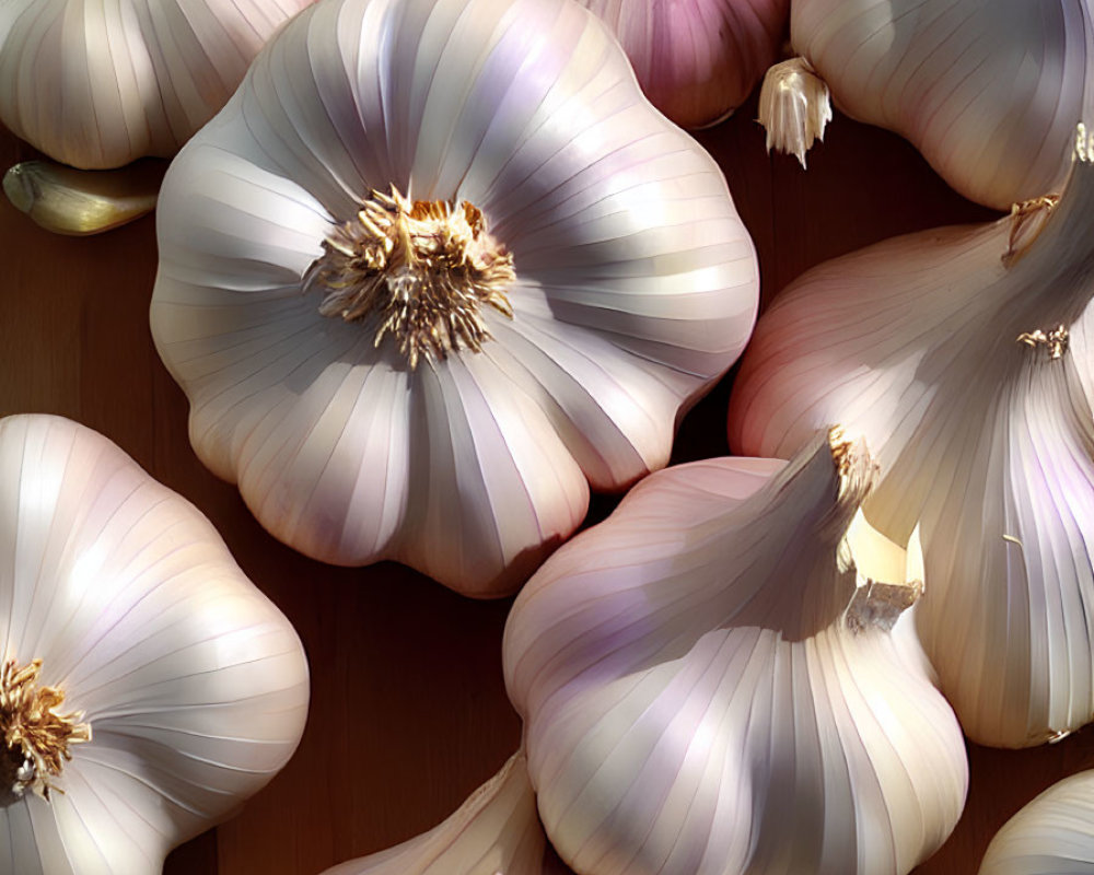 Fresh garlic bulbs with cloves in natural light on wooden surface