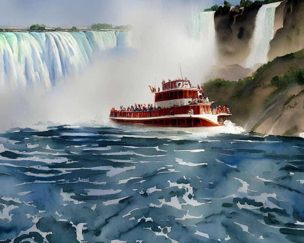 Tour boat with passengers near massive waterfall in choppy waters