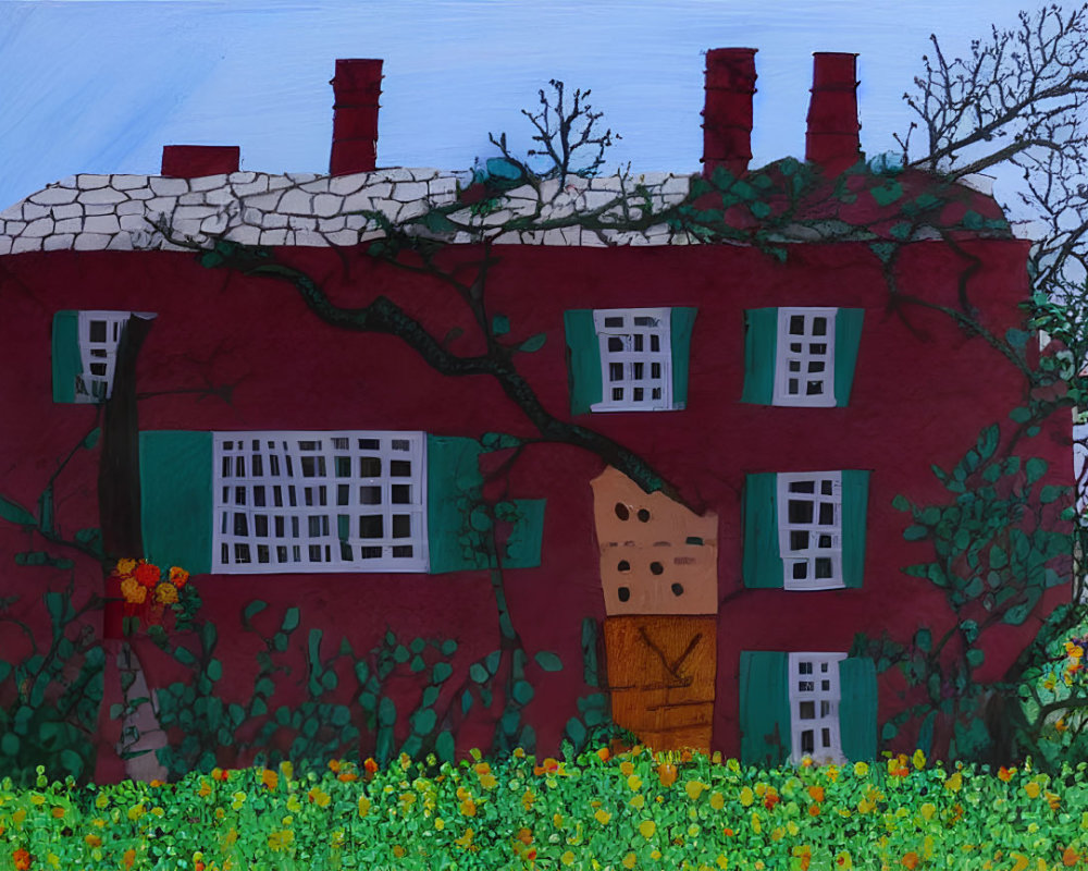 Vibrant mosaic of a red house in a scenic setting