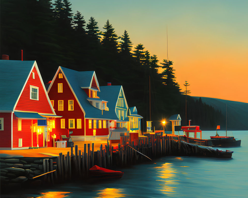 Seaside houses with glowing lights on pier at sunset, boat moored, forested hill.