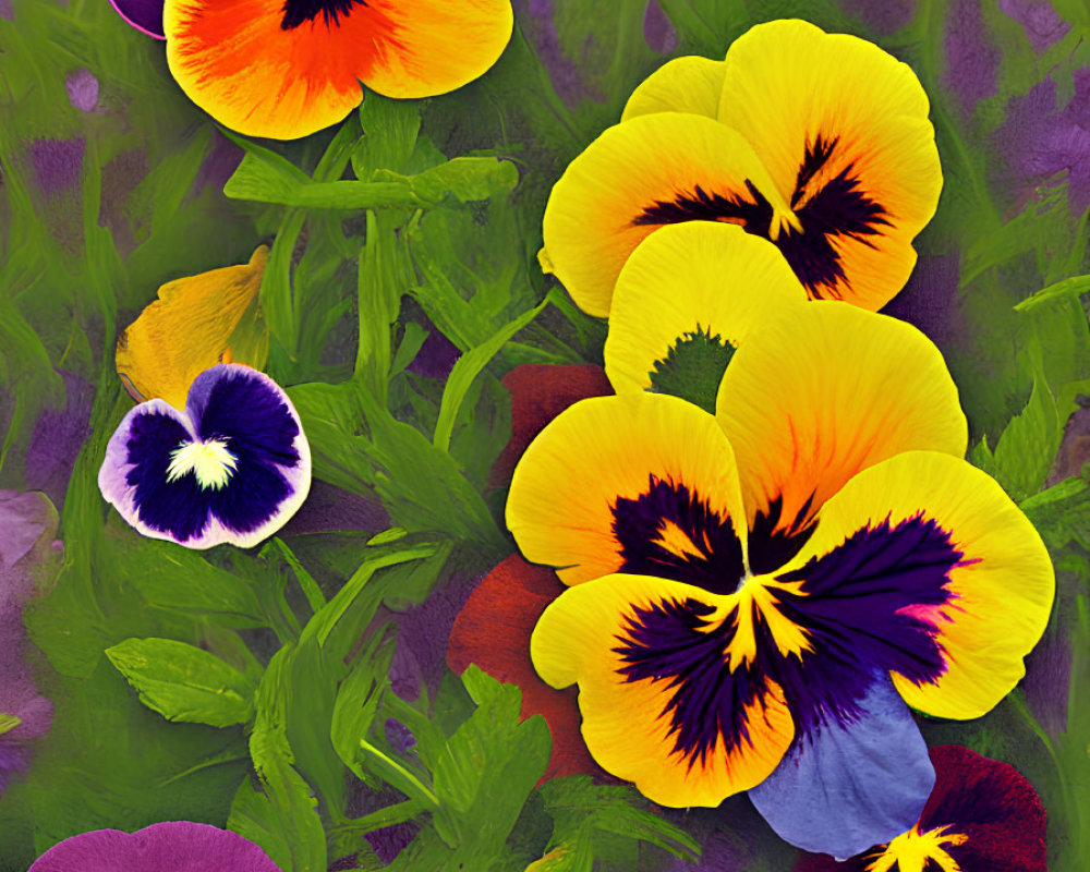 Vibrant pansies in purple, yellow, and orange hues on green backdrop