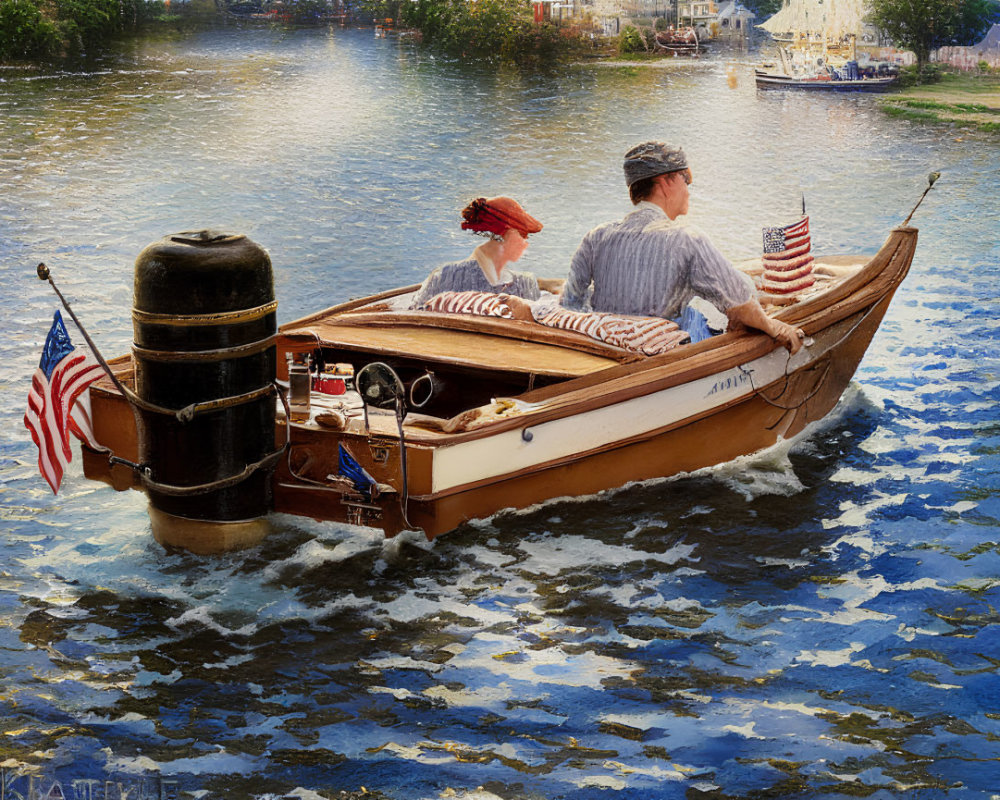 Vintage wooden boat with American flag: Man and woman in retro attire cruising on sunlit water