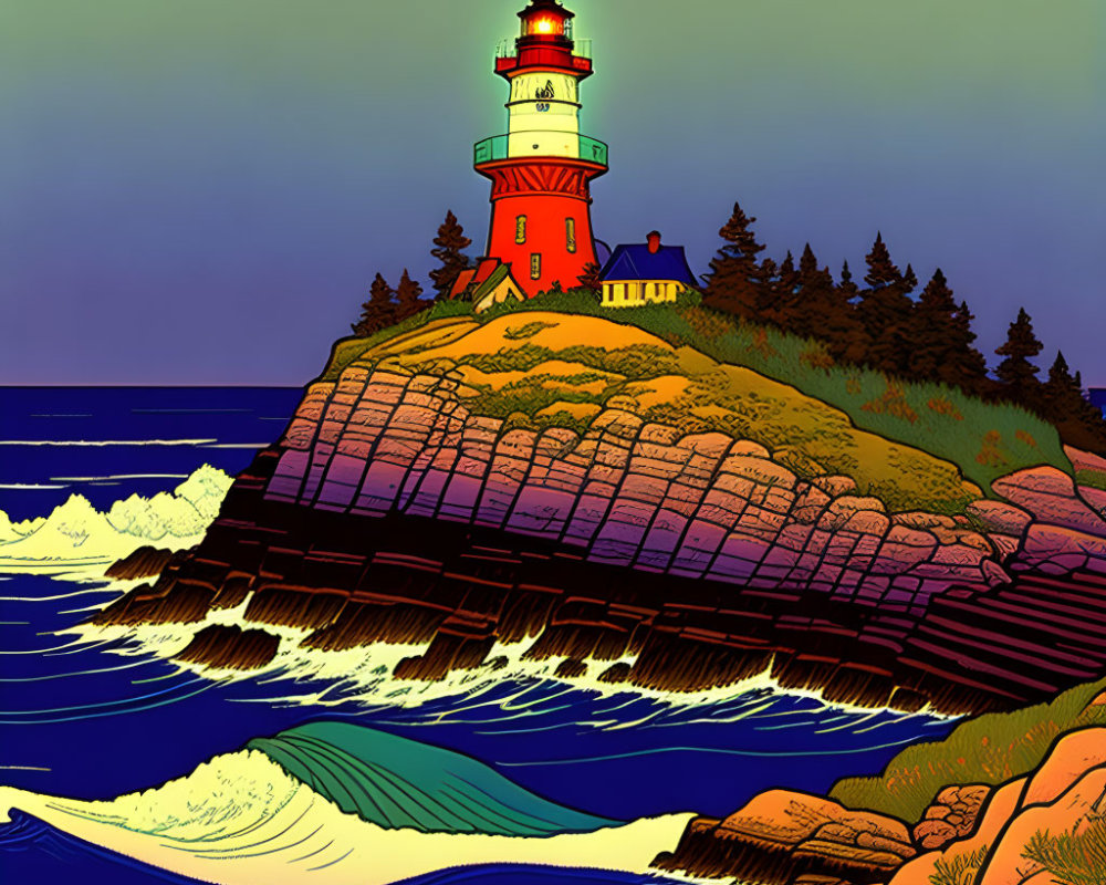 Red and White Lighthouse on Cliff Overlooking Twilight Sea