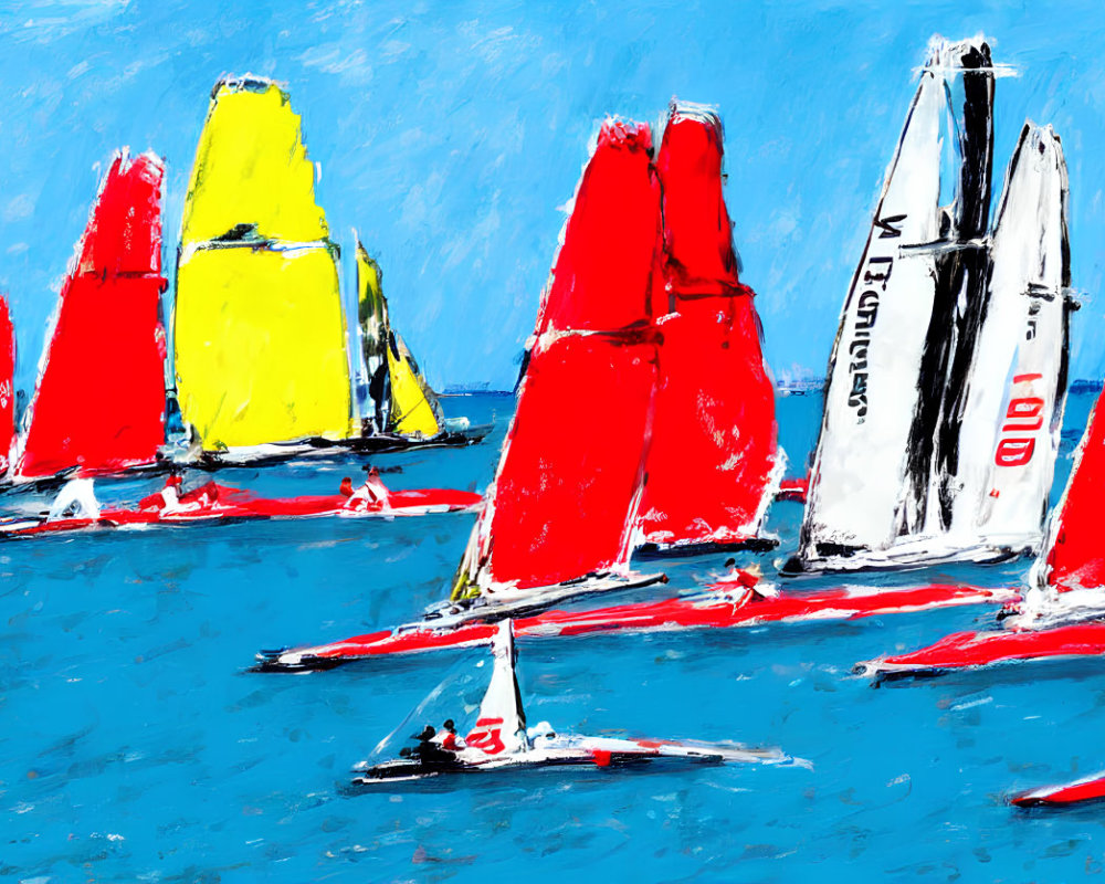 Vibrant expressionist painting of colorful sailboats on blue water