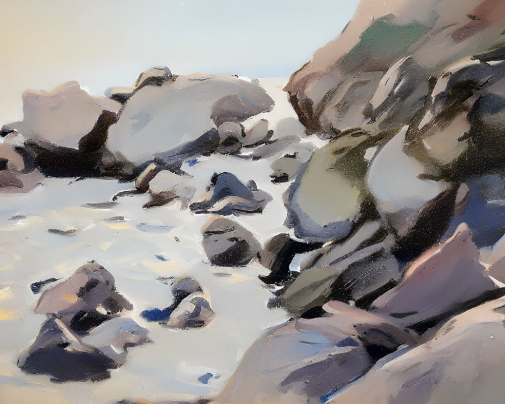 Rocky Shoreline Impressionist Painting in Soft Pastel Tones