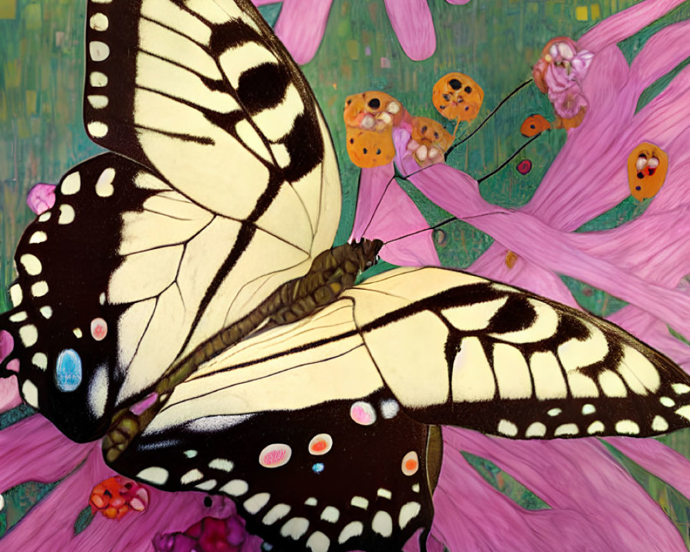 Colorful Butterfly Resting on Pink Petals with Ladybugs and Flowers