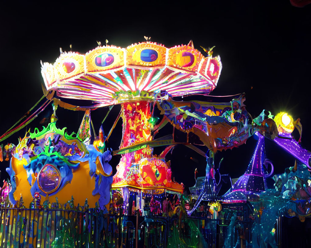 Vibrant neon-lit carousel at nighttime amusement park