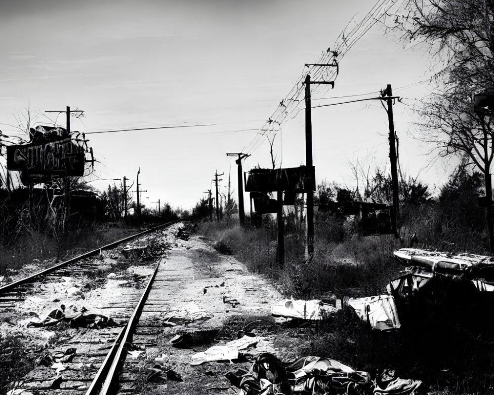 Abandoned railway with overgrown vegetation and graffiti-covered structures