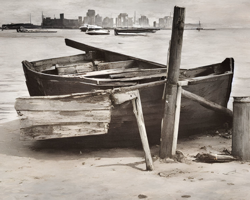 Weathered wooden rowboat on sandy shore with city skyline and boats against overcast sky