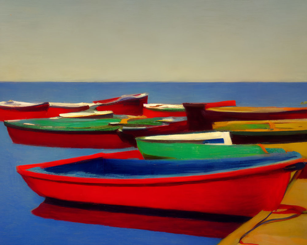 Vibrant boats on calm blue sea under clear sky with red, green, and white hues on