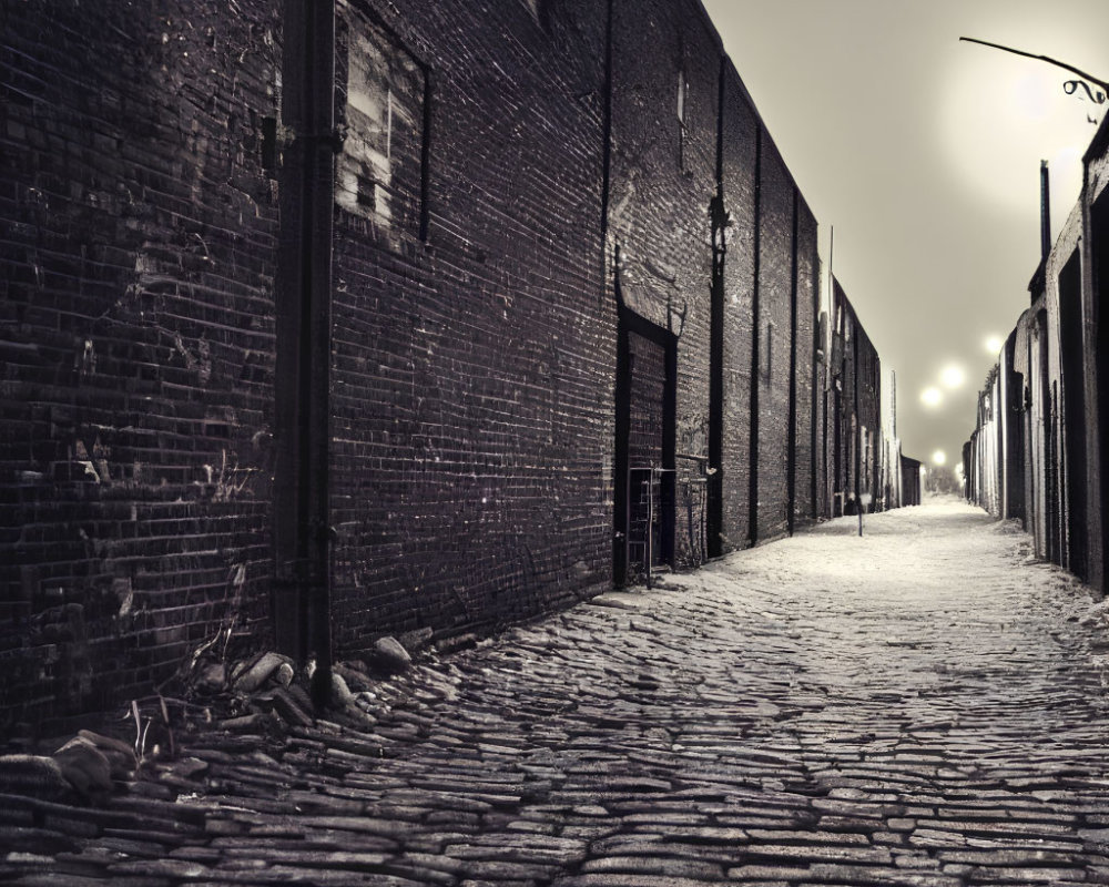 Twilight scene of cobblestone alley with streetlamp