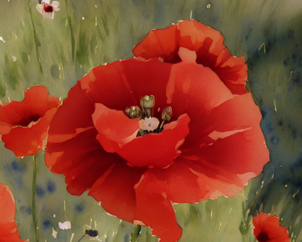 Red Poppy Watercolor Painting in Vibrant Field