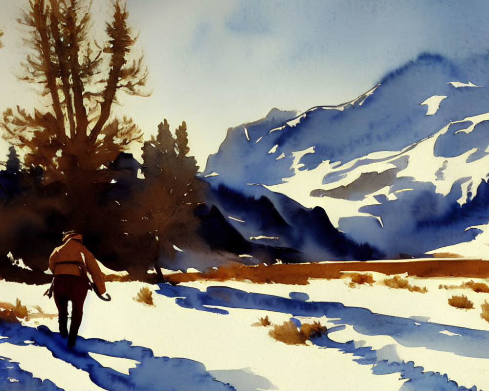 Snowy landscape watercolor painting with lone figure and mountain.