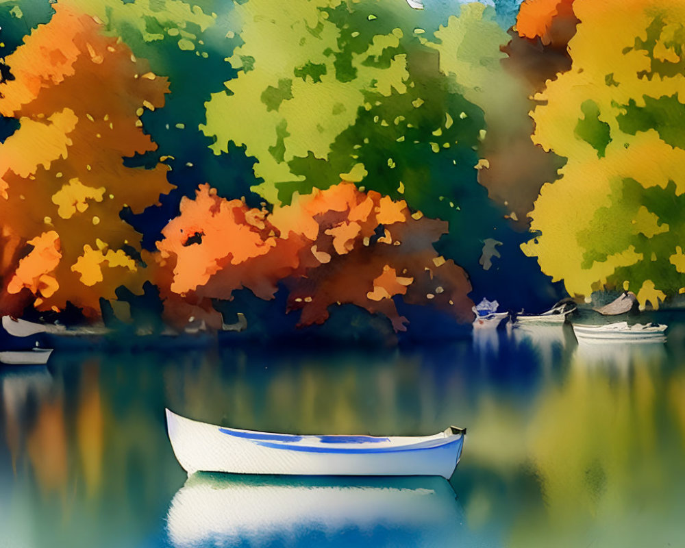 Tranquil lake scene with white boat and autumn trees